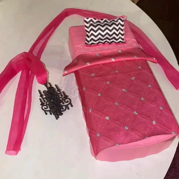 Barbie bed pink silver blanket black white pillow black chandelier pink drapes‌ - Picture 2 of 14